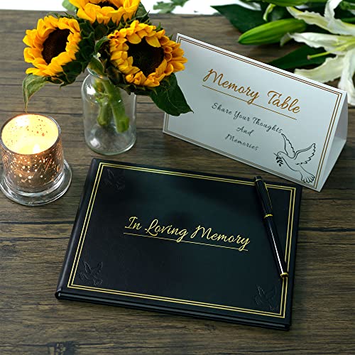 Funeral Guest Book for Memorial Service | 10.2 x 7.8" | Set of 82 Pages Book with Signing Pen, Table Card, Gold Stamped Black PU Leather Covering | Sign in Book for Funeral Guest Registry