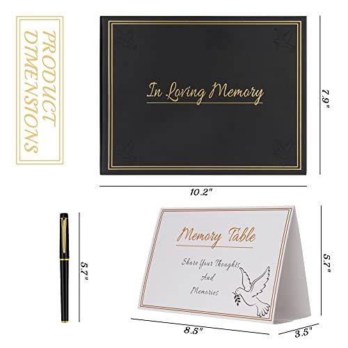 Funeral Guest Book for Memorial Service | 10.2 x 7.8" | Set of 82 Pages Book with Signing Pen, Table Card, Gold Stamped Black PU Leather Covering | Sign in Book for Funeral Guest Registry