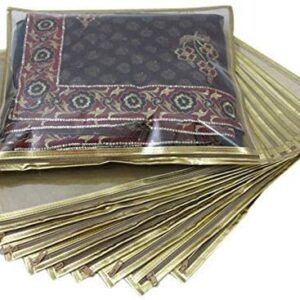 DESI PITAARA Set of 10 Pc Transparent Saree Covers/Saree Bags/Storage Bags/Clothes Covers with Stainless Steel Zip Lock Combo (Suitable for Single Saree Pack) (Golden)