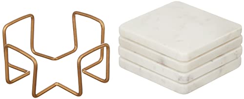 Queenza Marble Coasters with Holder, Set of 4 Gold Coasters for Drinks , 4 Inch Modern Coasters for Coffee Table - Natural White Coasters with Padded Bottom