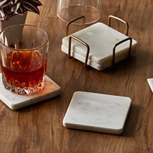 Queenza Marble Coasters with Holder, Set of 4 Gold Coasters for Drinks , 4 Inch Modern Coasters for Coffee Table - Natural White Coasters with Padded Bottom