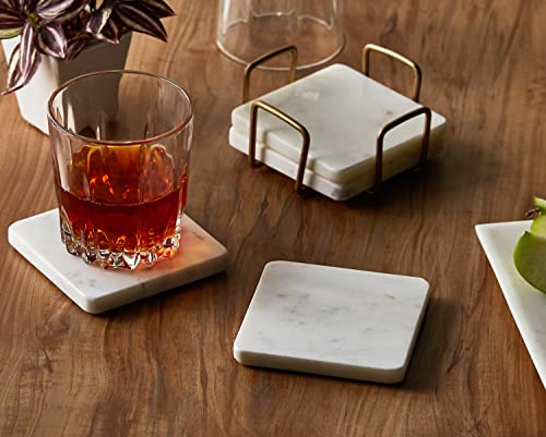 Queenza Marble Coasters with Holder, Set of 4 Gold Coasters for Drinks , 4 Inch Modern Coasters for Coffee Table - Natural White Coasters with Padded Bottom