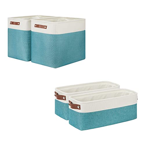 DULLEMELO Collapsible Bundle Baskets 2 Large Baskets 17"x12"x15" + 2 Narrow Baskets 15"x6"x5.5"（White&Teal)