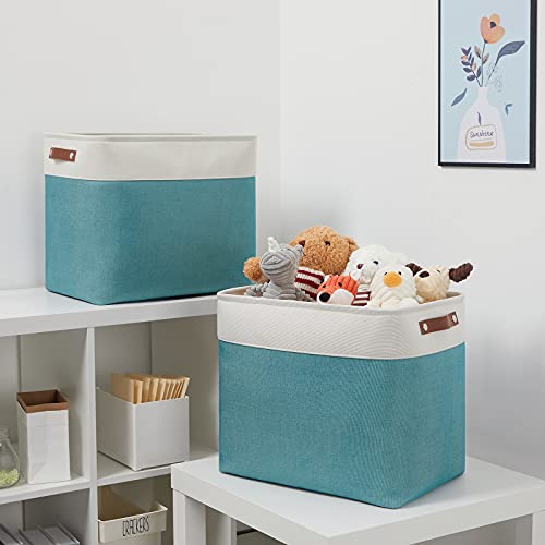 DULLEMELO Collapsible Bundle Baskets 2 Large Baskets 17"x12"x15" + 2 Narrow Baskets 15"x6"x5.5"（White&Teal)