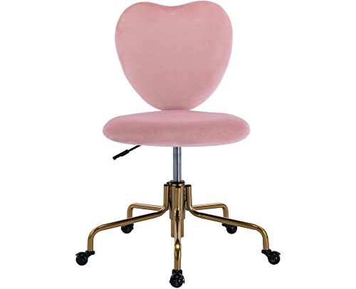 VESCASA Adjustable Swivel Home Office Desk Chair with Cute Heart Shape Design Back, Comfy Velvet Task Chair with Wheels, Small Computer Chair Without Arms for Girls Bedroom/Living Room, Light Pink