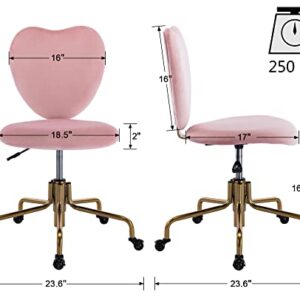 VESCASA Adjustable Swivel Home Office Desk Chair with Cute Heart Shape Design Back, Comfy Velvet Task Chair with Wheels, Small Computer Chair Without Arms for Girls Bedroom/Living Room, Light Pink