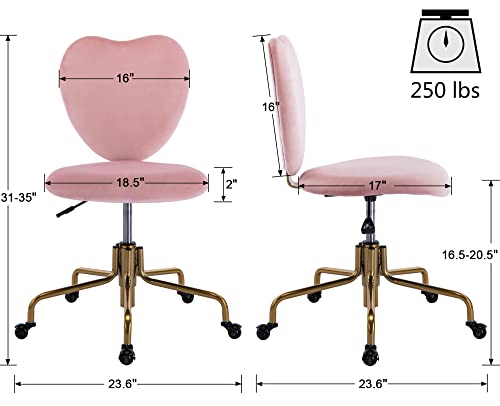 VESCASA Adjustable Swivel Home Office Desk Chair with Cute Heart Shape Design Back, Comfy Velvet Task Chair with Wheels, Small Computer Chair Without Arms for Girls Bedroom/Living Room, Light Pink