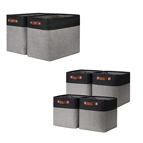 DULLEMELO Collapsible Bundle Baskets 2 Large Baskets 17"x12"x15" + 4 Cube Baskets 11"x11"x11"（Black&Grey)