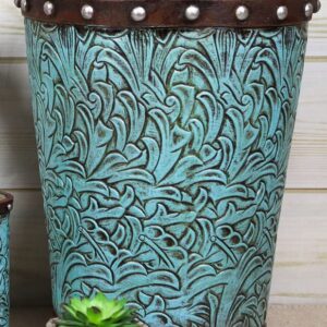 Ebros Gift Rustic Western Sculpted Turquoise Floral Patterns Flower Scroll Art with Faux Tooled Leather Nailhead Borders Bathroom Accessory (Dry Waste Basket Trash Bin)