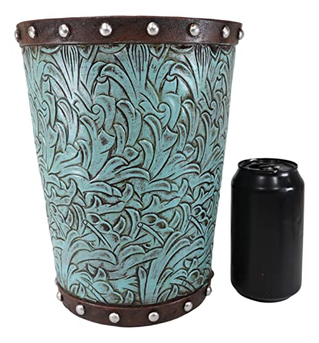 Ebros Gift Rustic Western Sculpted Turquoise Floral Patterns Flower Scroll Art with Faux Tooled Leather Nailhead Borders Bathroom Accessory (Dry Waste Basket Trash Bin)