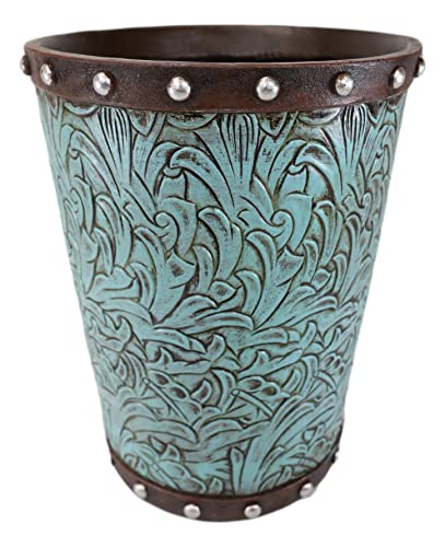 Ebros Gift Rustic Western Sculpted Turquoise Floral Patterns Flower Scroll Art with Faux Tooled Leather Nailhead Borders Bathroom Accessory (Dry Waste Basket Trash Bin)