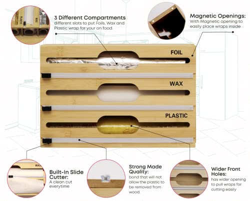 Sorbet Peony 3 in 1 Wrap Organizer with Cutter, Aluminum, Tin Foil, Wax, Parchment, Bamboo Dispenser for Kitchen Organization and Storage