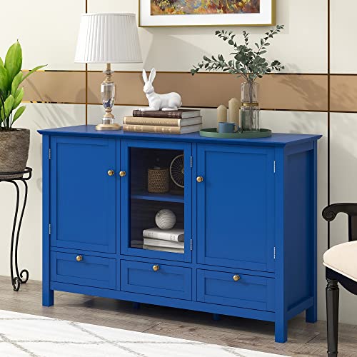 Quarte Modern Storage Cabinet, 44.9'' Console Table w/ 2 Doors, 3 Drawers and Adjustable Shelves, Buffet Sideboard for Kitchen Dining Room Hallway (Blue-02)