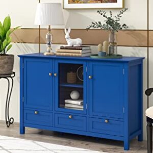 Quarte Modern Storage Cabinet, 44.9'' Console Table w/ 2 Doors, 3 Drawers and Adjustable Shelves, Buffet Sideboard for Kitchen Dining Room Hallway (Blue-02)