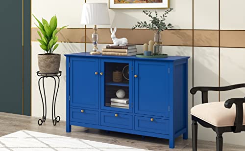 Quarte Modern Storage Cabinet, 44.9'' Console Table w/ 2 Doors, 3 Drawers and Adjustable Shelves, Buffet Sideboard for Kitchen Dining Room Hallway (Blue-02)