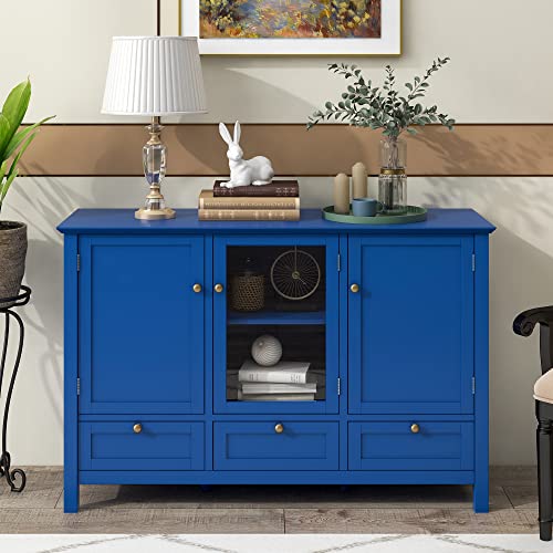 Quarte Modern Storage Cabinet, 44.9'' Console Table w/ 2 Doors, 3 Drawers and Adjustable Shelves, Buffet Sideboard for Kitchen Dining Room Hallway (Blue-02)