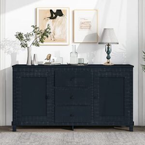 quarte retro buffet sideboard, solid wood storage cabinet with 2 cabinets and 3 drawers, console table with large storage spaces for dining room, living room (antique black-03)