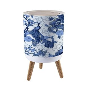 ibpnkfaz89 bathroom small trash can with lid waste basket wooden seamless chinoiserie style birds peonies blue color cute garbage bin for diaper kids bedroom kitchen office dog proof, 8.66x14.3inch