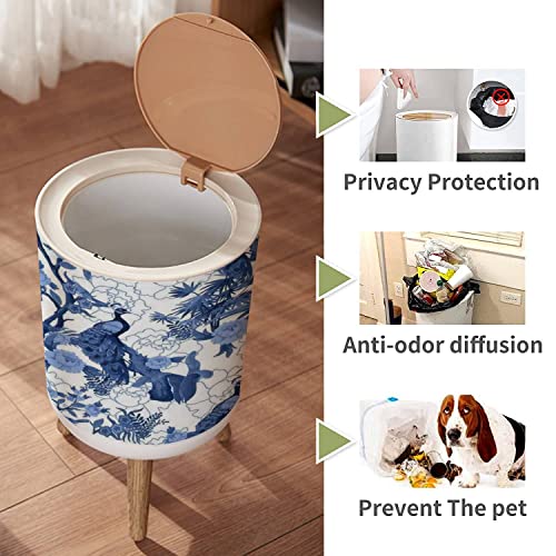 IBPNKFAZ89 Bathroom Small Trash Can with Lid Waste Basket Wooden Seamless Chinoiserie Style Birds Peonies Blue Color Cute Garbage Bin for Diaper Kids Bedroom Kitchen Office Dog Proof, 8.66x14.3inch