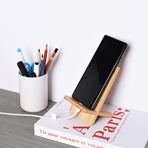 Mobile Stand Japanese Style Cellphone Holder Desktop Organizer Charging Station Compatible with All Smartphones Tablets Natural Bamboo Wood Portable Adjustable Angle (Plain)