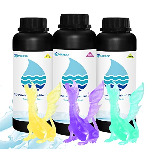 Mika3D ABS Like UV Curing Transparent 3D Resin Bundle, Clear Yellow/Green/Purple ABS-Like 3D Printer Tough High Precise Resin, for LCP/DLP Printing, 3 Bottles Total 1.5kgs High Tough Clear 3D Resin