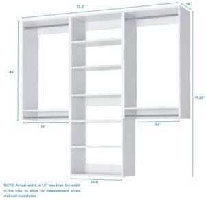 Closet Kit with Hanging Rods & Shelves - Corner Closet System - Closet Shelves - Closet Organizers and Storage Shelves (White, 75 inches Wide) Closet Shelving