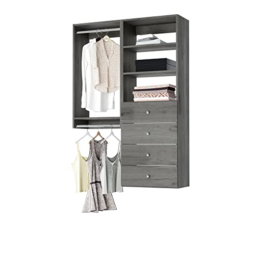 Closet Kit with Hanging Rods, Shelves & Drawers - Corner Closet System - Closet Shelves - Closet Organizers and Storage Shelves (Grey, 54 inches Wide) Closet Shelving