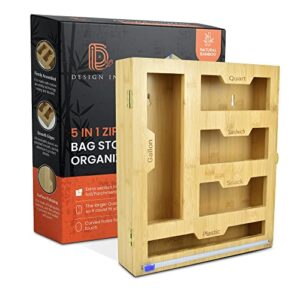design inn 5 in 1 bamboo ziplock bag organizer for drawer with cling wrap dispenser and cutter - suitable for gallon, quart, sandwich & snack variety size bags