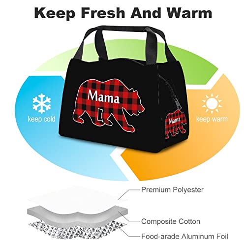 Plaid Mama Bear Insulated Lunch Bag Thermal Lunch Tote Box Handbag For Work Office Picnic