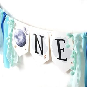 Outer Space Planets High Chair Banner - Astronaut Rocket 1st Birthday Boy High Chair ONE Banner - First Trip Around the Sun Party Decor (OUTER SPACE HF)