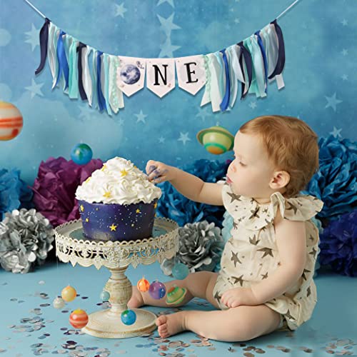 Outer Space Planets High Chair Banner - Astronaut Rocket 1st Birthday Boy High Chair ONE Banner - First Trip Around the Sun Party Decor (OUTER SPACE HF)