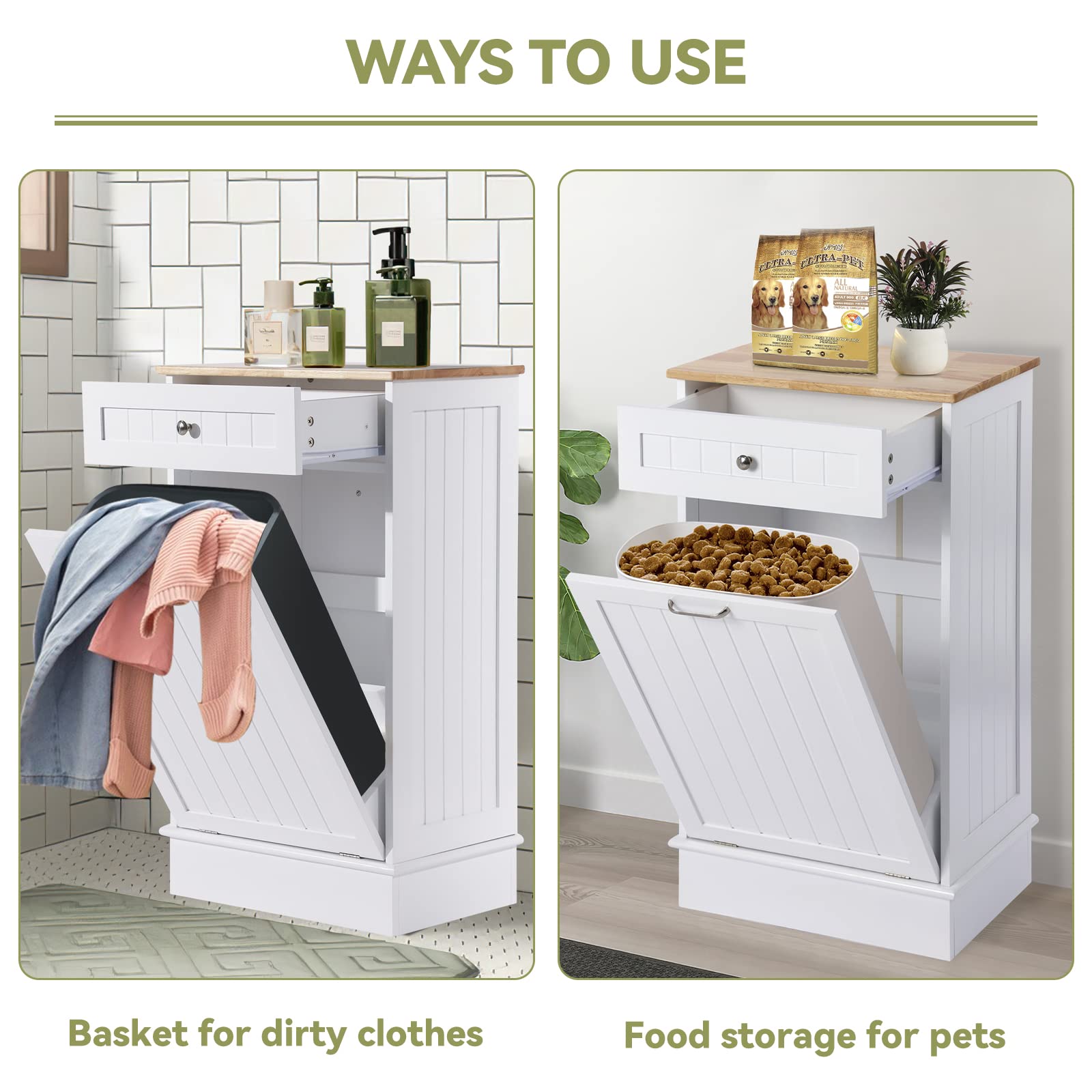 LOUVIXA Tilt Out Trash Bin Cabinet Dog Proof Trash Can Holder Kitchen Island with Garbage Bin or Tilt Out Laundry Hamper (White)
