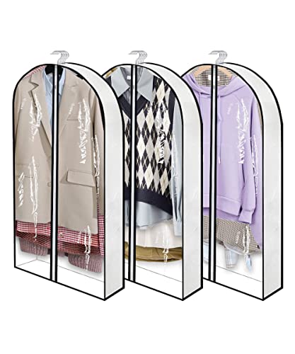 OUPAI 40" Garment Bags for Hanging Clothes Closet Storage with 4" Gussets, Clear Clothes Protectors for Hanging Clothes Suit Cover for Coats, Shirts, Sweaters Storage (White,3 Packs)