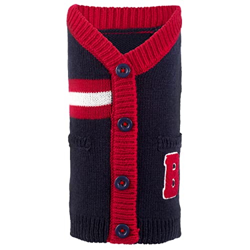 The Worthy Dog Varsity Pullover Dog Cardigan Sweater with Faux Pockets, Warm Knitwear Winter Clothes for Pets, Cold Weather Outfits for Dogs, Navy Blue - Small