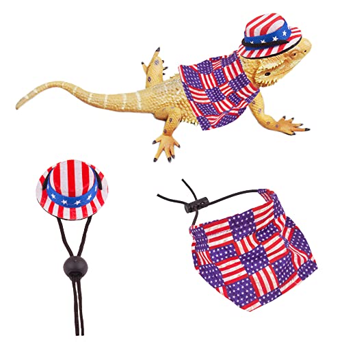 ADOGGYGO American Flag Bearded Dragon Hat Cloak USA Flag Lizard Patriotic Hat Cape Set, 4th of July Bearded Dragon Costume Accessories (4th of July)