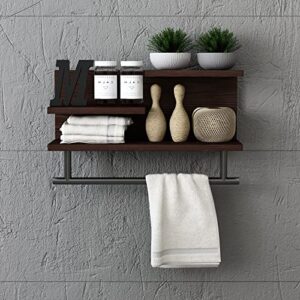 LAPTAIN 3-Tier Bathroom Shelf Wall Mounted, Retro Wood Shelf with Towel Bar, Utility Storage Shelf Rack for Bathroom Kitchen Bedroom Living Room, 24 inch