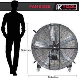 K Tool International 77760; 60” Belt Drive Drum Fan, Ideal for Warehouses and Barns, 4 Casters for Easy Mobility Around the Shop or Garage, High Velocity 2 Speed Motor Produces 22,100 Max CFM, Gray