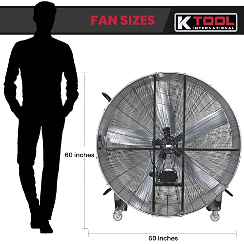 K Tool International 77760; 60” Belt Drive Drum Fan, Ideal for Warehouses and Barns, 4 Casters for Easy Mobility Around the Shop or Garage, High Velocity 2 Speed Motor Produces 22,100 Max CFM, Gray