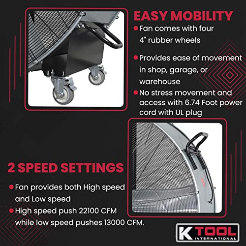 K Tool International 77760; 60” Belt Drive Drum Fan, Ideal for Warehouses and Barns, 4 Casters for Easy Mobility Around the Shop or Garage, High Velocity 2 Speed Motor Produces 22,100 Max CFM, Gray