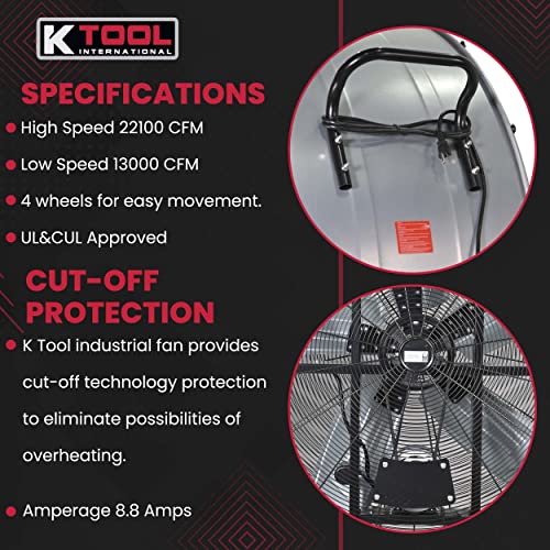 K Tool International 77760; 60” Belt Drive Drum Fan, Ideal for Warehouses and Barns, 4 Casters for Easy Mobility Around the Shop or Garage, High Velocity 2 Speed Motor Produces 22,100 Max CFM, Gray