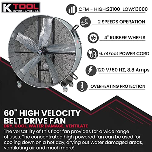 K Tool International 77760; 60” Belt Drive Drum Fan, Ideal for Warehouses and Barns, 4 Casters for Easy Mobility Around the Shop or Garage, High Velocity 2 Speed Motor Produces 22,100 Max CFM, Gray