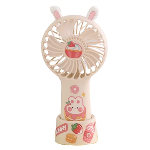 Kawaii Portable Fan with Stickers Kawaii Handheld Fan Kawaii Desk Fan with Standing Base Cute Small Personal Cooling Fan for Girls Room USB Power Rechargeable Fan Quiet Adjustable Airflow (Beige Bunny)