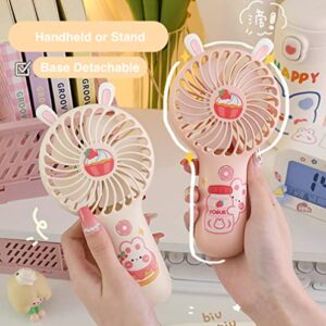 Kawaii Portable Fan with Stickers Kawaii Handheld Fan Kawaii Desk Fan with Standing Base Cute Small Personal Cooling Fan for Girls Room USB Power Rechargeable Fan Quiet Adjustable Airflow (Beige Bunny)