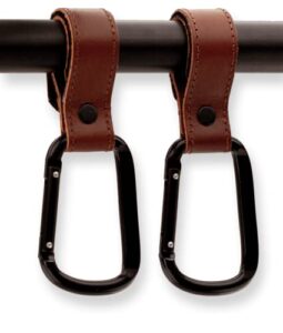 brute strength - leather stroller hooks - cognac 2x - full grain leather - mommy hook - stroller clip - bag hook - straps with hooks - carabiner hook clips