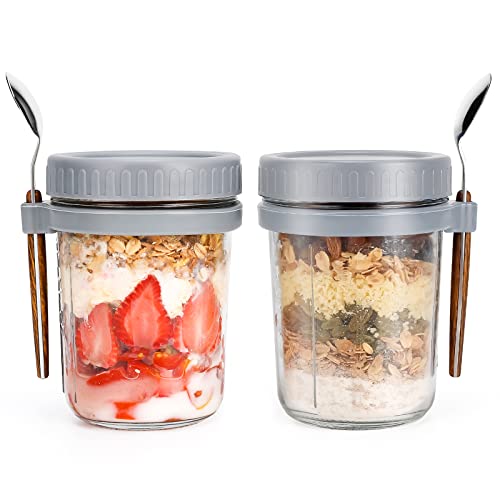 Overnight Oats Jars with Spoon and Lid 16 oz [2 Pack], Airtight Oatmeal Container with Measurement Marks, Mason Jars with Lid for Cereal On The Go Container (2pcs grey)