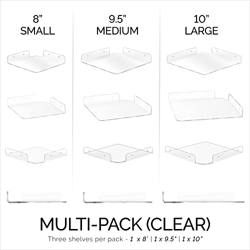 BRAINWAVZ 3-Pack Mixed Size Corner Shelf (8” 9.5” & 10”) for Speakers, Books, Decor, Plants, Cameras, Photos, Kitchen, Bathroom, Routers & More Universal Small Holder Acrylic Wall Shelves (Clear)