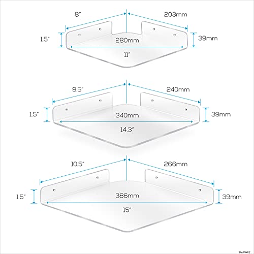 BRAINWAVZ 3-Pack Mixed Size Corner Shelf (8” 9.5” & 10”) for Speakers, Books, Decor, Plants, Cameras, Photos, Kitchen, Bathroom, Routers & More Universal Small Holder Acrylic Wall Shelves (Clear)
