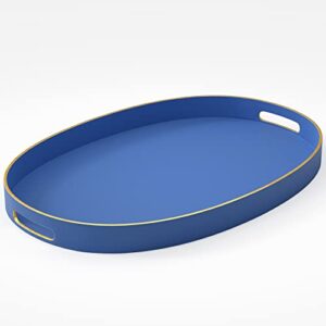 american atelier blue serving tray with gold trimming | oval serving tray with handles | trays for serving food, coffee, tea, and more | classic oval coffee table tray in cobalt blue