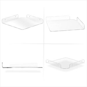 BRAINWAVZ 2-Pack 10” Corner Floating Shelf for Speakers, Books, Decor, Plants, Cameras, Photos, Kitchen, Bathroom, Routers & More Universal Small Holder Acrylic Wall Shelves (Clear)