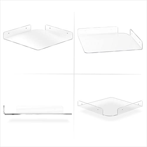 BRAINWAVZ 2-Pack 10” Corner Floating Shelf for Speakers, Books, Decor, Plants, Cameras, Photos, Kitchen, Bathroom, Routers & More Universal Small Holder Acrylic Wall Shelves (Clear)